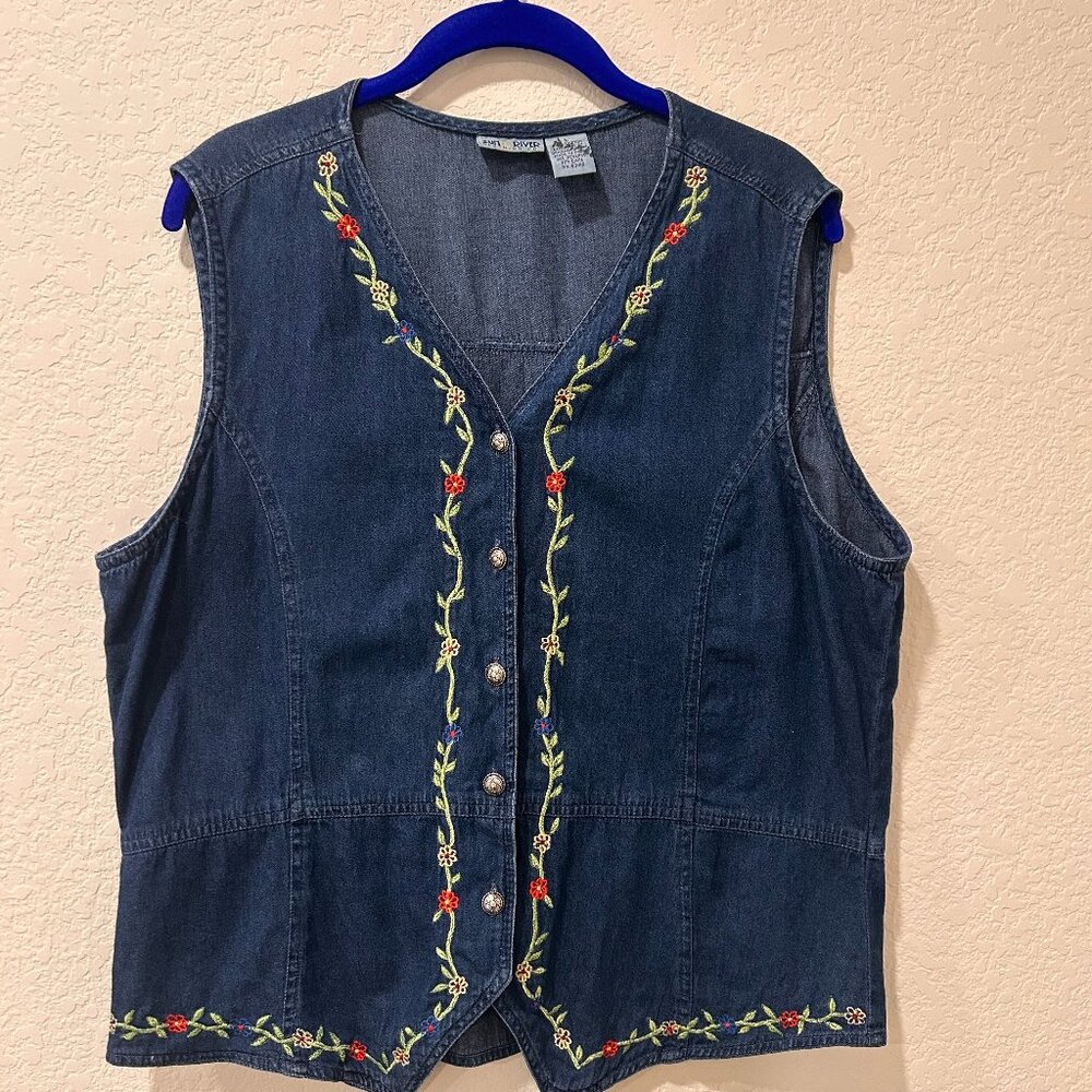 Vintage Sun River Embroidered Blue Denim Vest Grandmacore Size Large